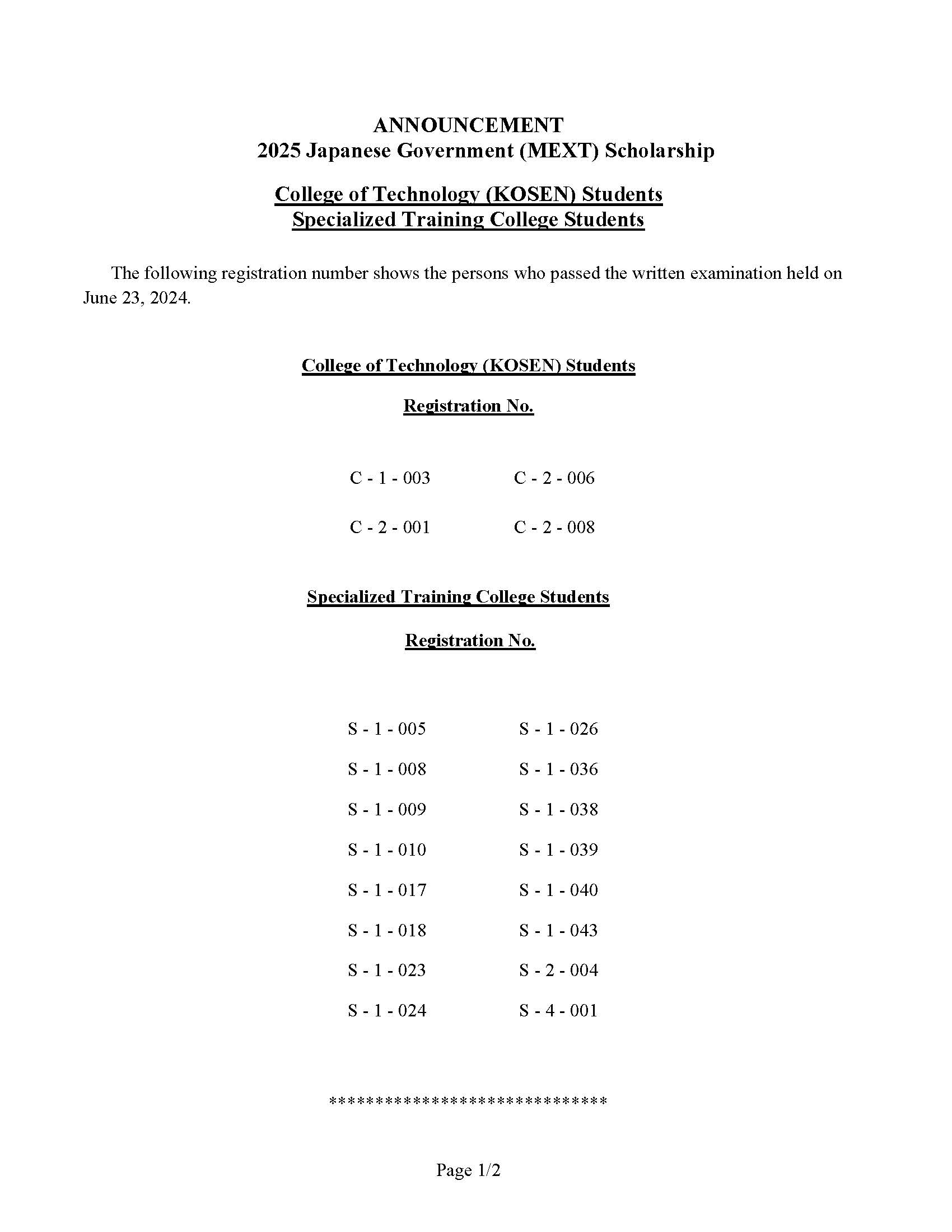 CS2025 written exam result Page 1